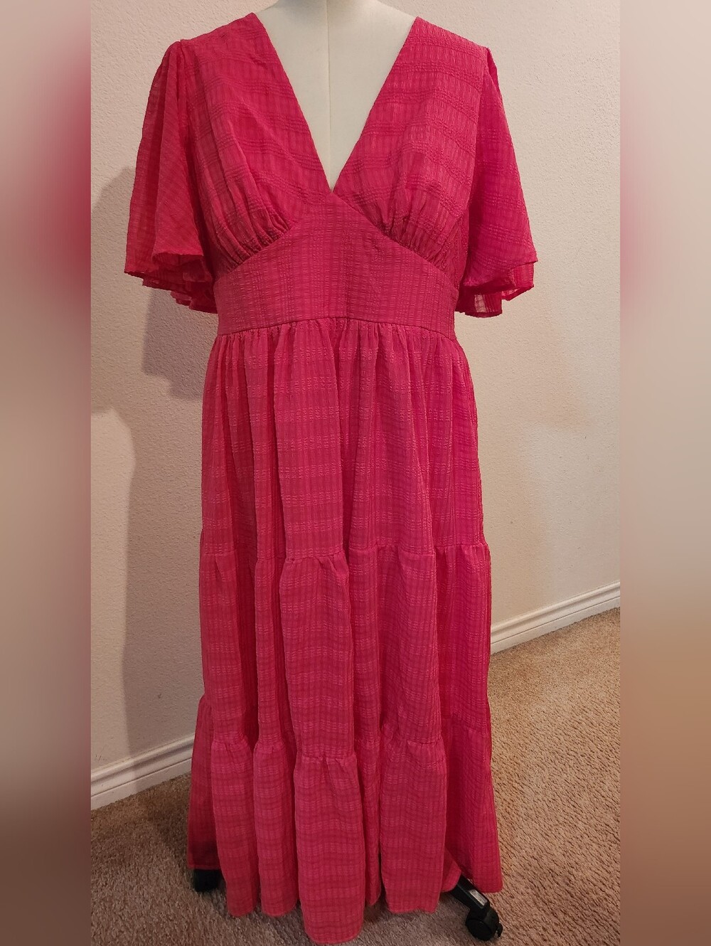 Flying Tomato Raspberry Tiered Maxi Dress with Flutter Sleeves